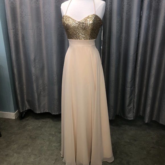 New Gold Sequin Champagne Dress, Aline Bridesmaid Formal Sparkle Gather and Gown - Picture 8 of 14